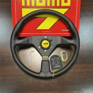 Momo Leather Steering Wheel 350mm Drift Yellow Horn Yellow Stitch MCL35BK5B - Picture 1 of 5