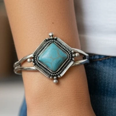 Boho Silver Turquoise Howlite Cuff Bracelet – Adjustable - Image 1 of 4