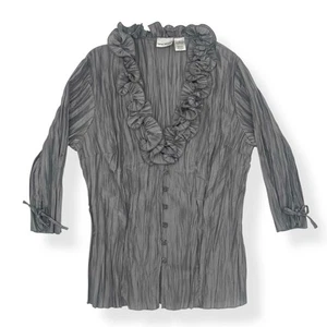 Harvé Benard Crinkle Bluse L grau Rüschen Knopfleiste 3/4 Arm romantisch Oberteil - Bild 1 von 15