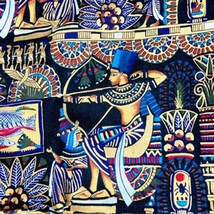Vintage Alexander Henry Egyptian Theme on Black w gold accents 100% cotton 1 yd - Picture 1 of 8