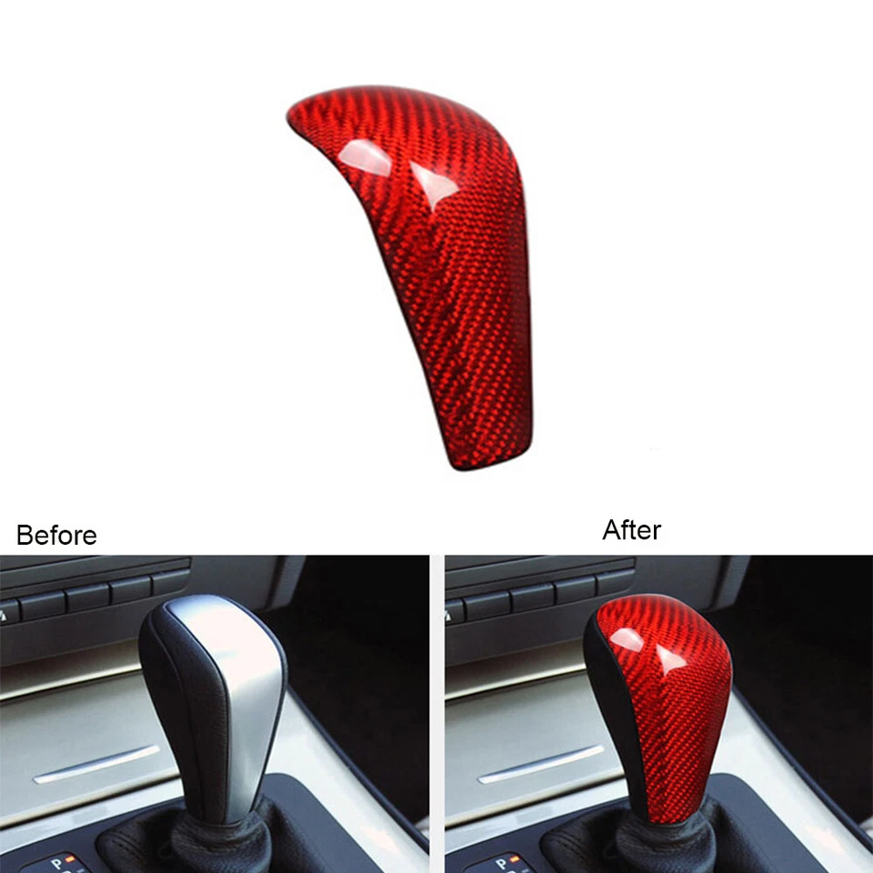 Pegatina roja de la cubierta de la cabeza de la perilla de cambio de marchas de fibra de carbono para BMW Serie 3 E90 2007-12 Foto 1 de 4