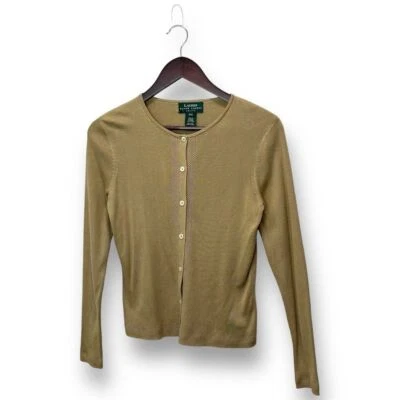 Cárdigan para mujer Lauren Ralph Lauren tostado 100 % seda P/S minimalista clásico preppy Foto 1 de 4