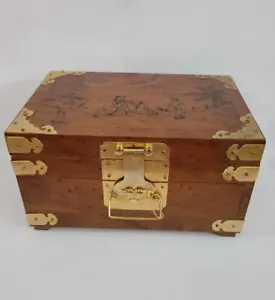 Vintage Asian Large Wood Jewelry Box Chest Brass Hardware key 12"X7"X8" - Picture 1 of 18
