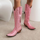 Womens Fashion Knee High Zipper Western Boots Low Block Heels Cowboy Boots Shoes