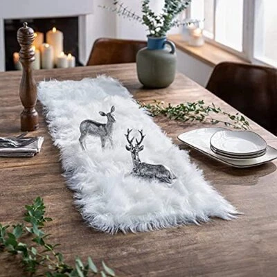Table Runner Thanksgiving Modern Small White Fur Table Runners for Party Birt... - Image 1 of 4