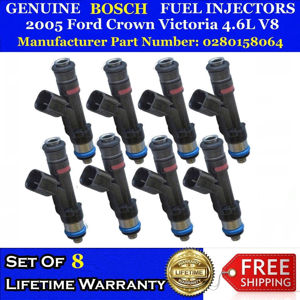 8x OEM Bosch Fuel Injectors for 2005 Ford Crown Victoria 4.6L V8  #0280158064 - Image 1 of 1