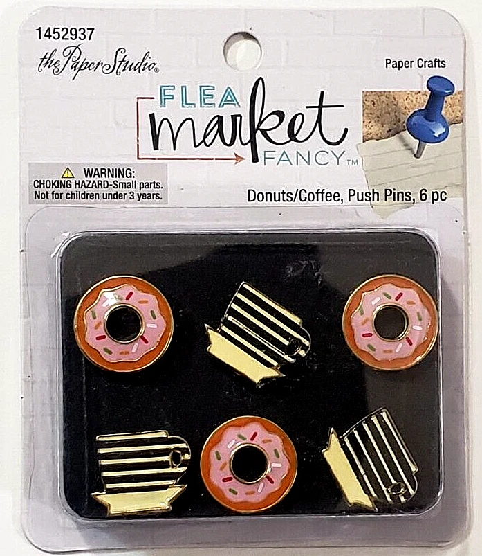 The Paper Studio FLEA MARKET FANCY Decorative Push Pins - DONUTS/COFFEE - 6 pcs - Image 1 of 1
