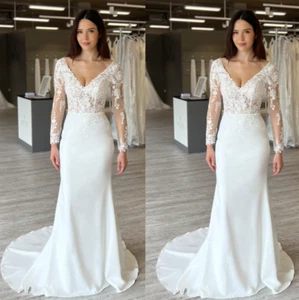 Elegant Satin Mermaid Wedding Dress Long Sleeve Train Lace Applique Bridal Gowns - Picture 1 of 15