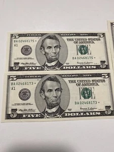 Error 5 of consecutive 1999 $5 Dollar Mix Laddar 01234678/5 STAR NOTE UNC Rare! - Picture 1 of 3