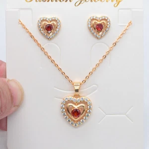 18K Gold Filled Women Red Topaz Earrings & Pendant Love Heart Jewelry Set - Picture 1 of 8
