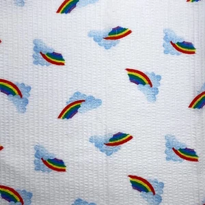 Vintage 80s Seersucker Textured Cotton Fabric Rainbows 2 Pieces Nursery Kids - Picture 1 of 7