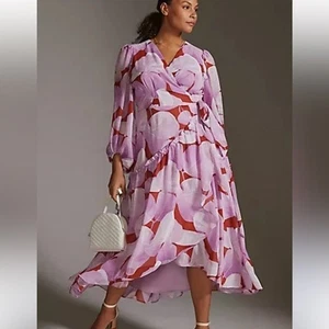 ANTHROPOLOGIE HUTCH pink/purple geo print wrap chiffon layers maxi dress size 3X - Picture 1 of 6