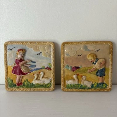 Unique Vintage German Tiles Wall Hanging Plaques Boy And Girl Feeding The Ducks - Image 1 of 4