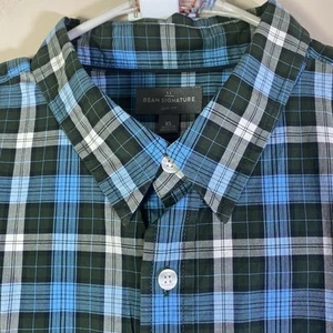 LL Bean Signature Hemd Herren XL Slim Fit blau grau kariert Knopfleiste Oxford Baumwolle - Bild 1 von 9