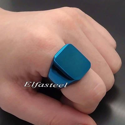 Men's Boy's Blue / Black High Polished Signet 316L Stainless Steel Ring - Image 1 of 4