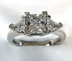 3.47Ct Princess Cut Three Stone MOISSANITE Engagement Ring 14K White gold Plated - Picture 1 of 3