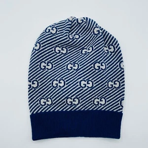 Gucci Kid's Blue/White Stripe Wool Beanie Hat w/Monogram GG Logo M 645515 4278 - Picture 1 of 5