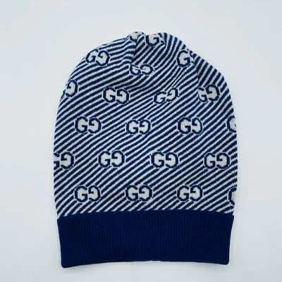 古驰儿童蓝色/白色条纹羊毛无檐帽带Monogram GG标志M 645515 4278 — 第 1/4 张图片