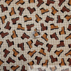 BonEful Fabric FQ Cotton Quilt VTG Cream Brown Girl Boy Scout Boots Hunt Gingham - Picture 1 of 12