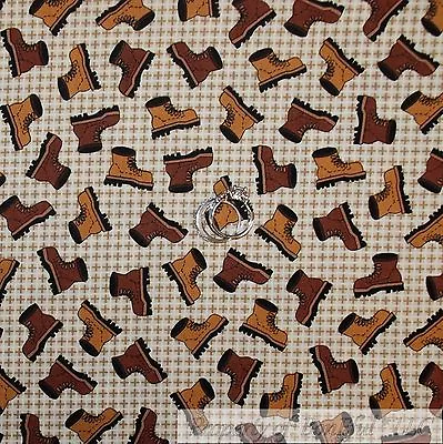 BonEful Fabric FQ Cotton Quilt VTG Cream Brown Girl Boy Scout Boots Hunt Gingham - Image 1 of 4