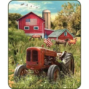 Queen Size Red Tractor Barn Horse Patriotic Farmer Blanket Soft Faux Fur America - Picture 1 of 1