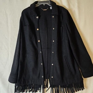 Chico's gekochte Wollmischung Decke Jacke Shacket Größe 2 Large 12/14 Fransen schwarz - Bild 1 von 9
