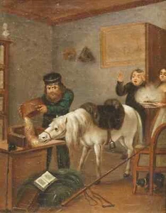 Pferd in Bibliothek, um 1840, humoristisches Genrebild, gerahmt - Bild 1 von 1