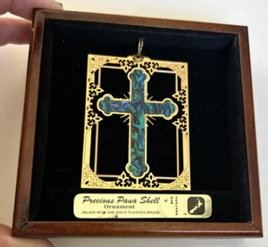 Edle Paua Muschel "Kreuz" Ornament intarsiert in 24K Gold geblitzt Messing mit Ständer - Bild 1 von 6