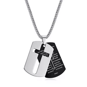 Stainless Steel Dog Tag Cross Lord’s Prayer/Bible Verse Pendant Chain Necklaces - Picture 1 of 20