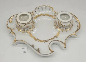 ThriftCHI ~ Vintage Keramik Tintenfass mit 2 Vertiefungen - Blattgoldrand - Bild 1 von 7