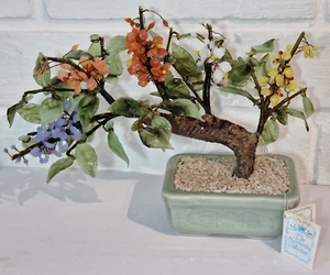 LEONARDO COLLECTION GLASS JADE STYLE FLOWERS BONSAI TREE CELADON POT & TAGS - Picture 1 of 11