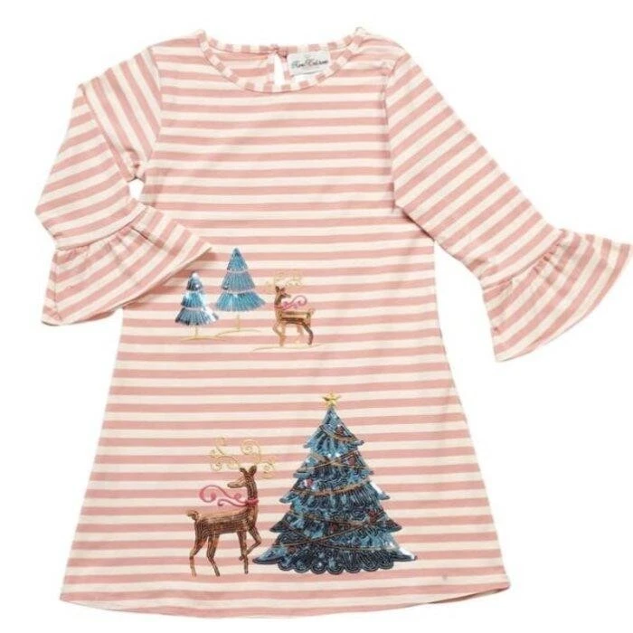 EDIÇÕES RARAS Vestido Big Girl's 10 Blush Listrado Rena e Aplique de Árvore Novo com etiquetas $58 - Imagem 1 de 1