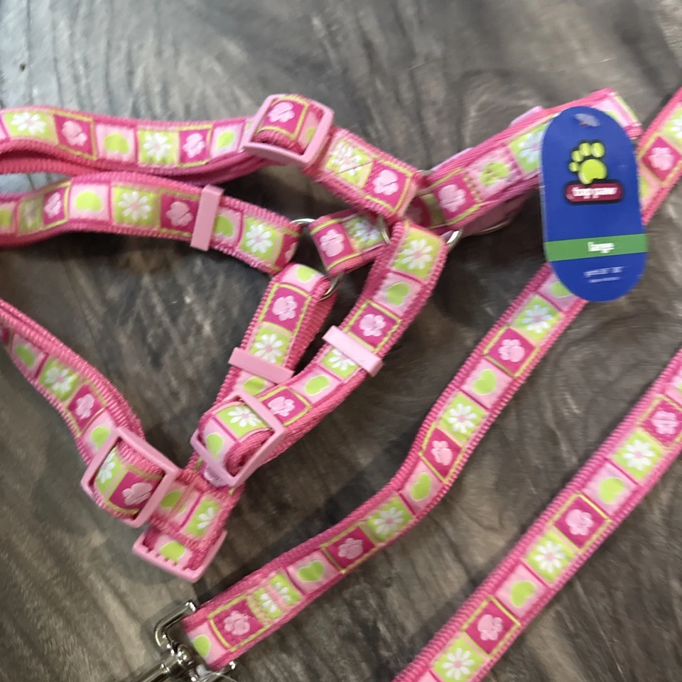 Arnés grande Top Paw para perro rosa con corazones y flores verdes. Talla LG y correa 4 pies Foto 1 de 4