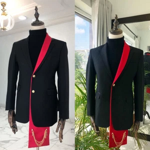 Men Formal Banquet Suits Wedding Groom Jacket Black Pant 2 Piece Red Carpet Wear - Picture 1 of 12