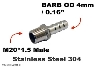 M20*1.5 MALE to BARB OD 4mm / 0.16"  Stainless Tail Adaptor Hose - Picture 1 of 2