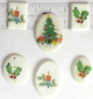 6 cabochões camafeu vintage S-L porcelana colorida Natal visco soldado P33 - Imagem 1 de 4