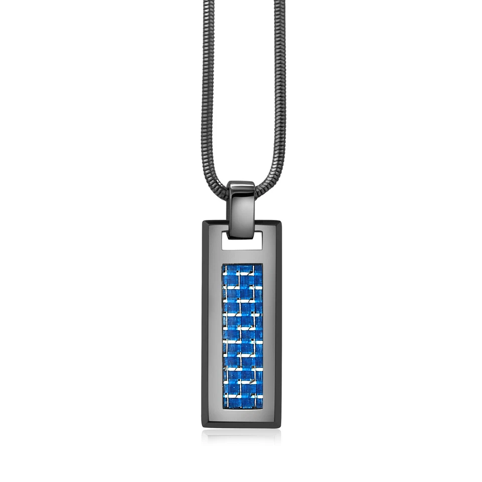 Black Tungsten Black & Blue Carbon Fiber Pendant on 2mm Black Snake Chain  - Image 1 of 1
