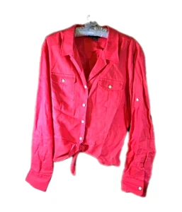 Women's Linen Shirt XL Top Blouse Pink Tie Bottom Long Sleeve Jones NY Signature - Picture 1 of 14