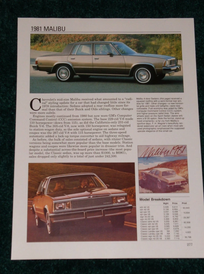 1981 CHEVY MALIBU SPEC SHEET INFO PHOTO 81 267 305 COUPE WAGON SEDAN★★ - Image 1 of 1