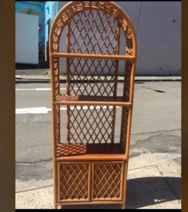 Vintage Cane HUTCH Glass Bookshelves Bamboo Rattan Cupboards Arch Room Divider - Picture 1 of 12