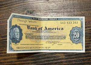 Vintage Bank of America Travelers Cheque $20 Check - Picture 1 of 5