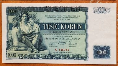 1934 Czechoslovakia Specimen 1000 Korun - Image 1 of 4