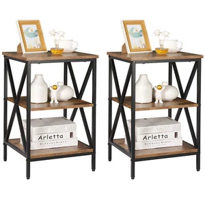 Set of 2 3-Tier Industrial Side Tables Sofa End Table X Metal Frame Rustic Brown - Picture 1 of 12