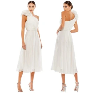 NEW Mac Duggal Rosette One Shoulder Tea Length Dress White Women Size 12 - Picture 1 of 11