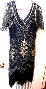 Metme~Black Feather Lace Sleeves Sequins & Fringed 20's Style Dress Size: XLarge - Picture 1 of 24