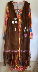 Halloween Womens Long Hippie Costume XXL Dress W/ Vest No Headband Worn Once - Picture 1 of 12