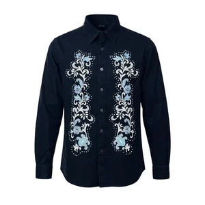 Camisa abotonada manga larga paisley bordada azul marino retro XXS de ASOS para hombre - Imagen 1 de 7