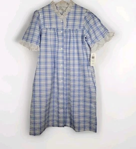 Miss Elaine NWT Seersucker Plaid Lace Buttonup Short Robe Medium Comfort Classic - Picture 1 of 8