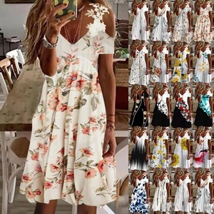 Womens Cold Shoulder Summer LACE V-neck Shirts Dress Floral Holiday Dresses Size - Picture 1 of 33