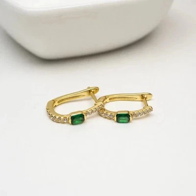 2Ct Emerald Cut Lab-Created Emerald Huggies Hoop Earrings 14k Yellow Gold Plated - Image 1 of 4